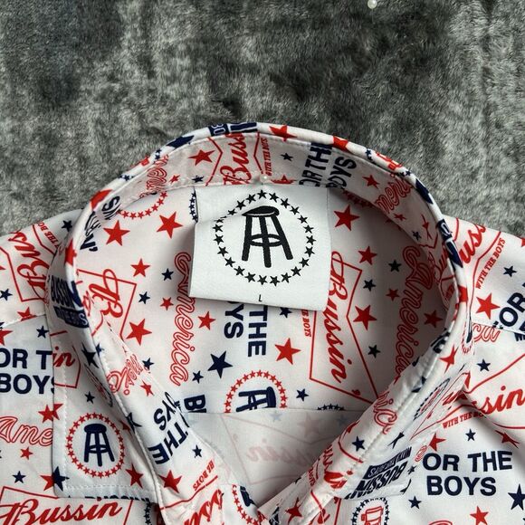 Barstool Sports Tropical Bros White Button Shirt Stars Bussin For The Boys‎ L - Picture 2 of 6